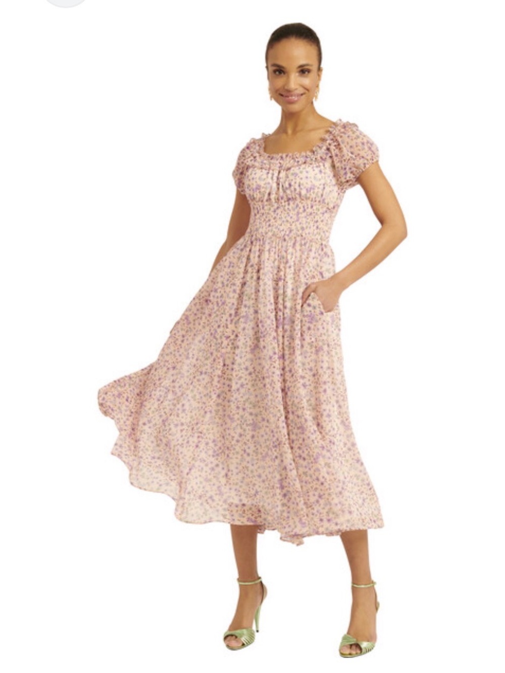 Rachel Parcell Pink Floral Puff-Sleeve Midi Dress